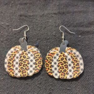 Leopard and Plaid Pumpkin Faux Leather Dangle Statement Earrings